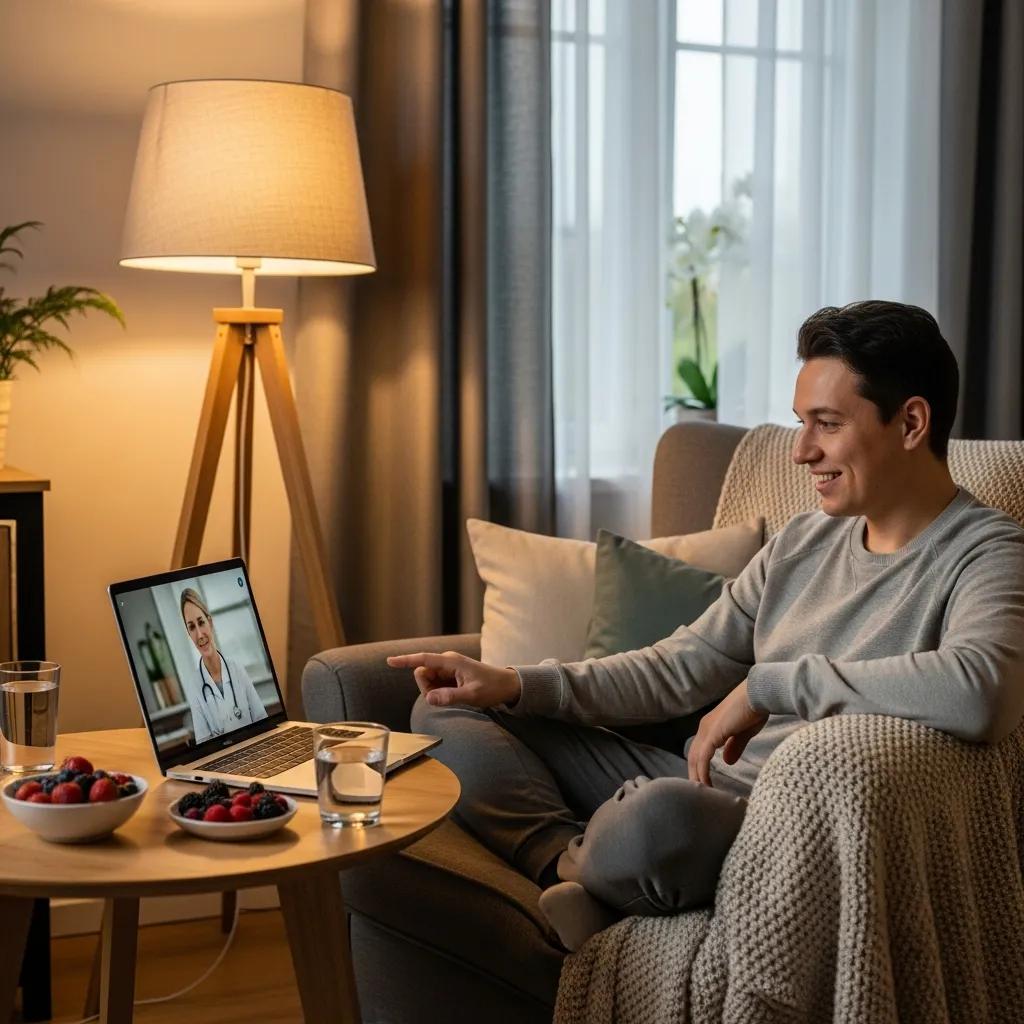 Individual participating in a telehealth weight loss consultation from home, highlighting convenience and accessibility