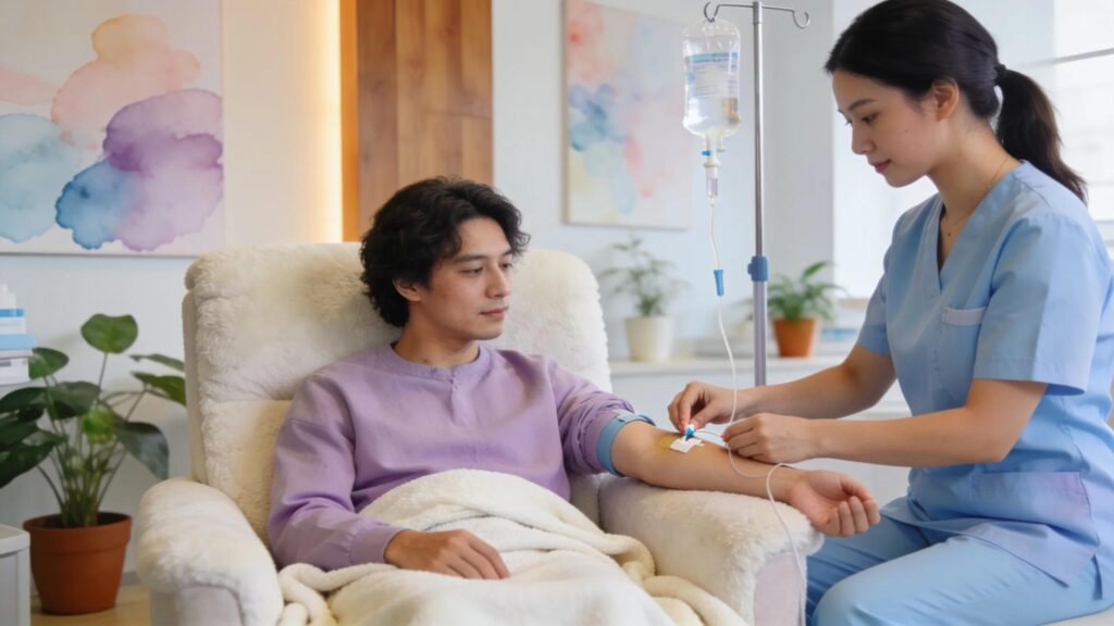 IV hydration therapy clinic with a patient receiving treatment in a soothing environment